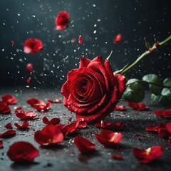 A red rose surrounded by falling petals in slow motion.