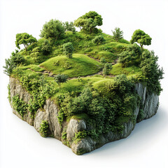 Green cube-shaped island with trees and grass on white background