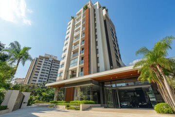 luxury apartment with modern and minimalist concept, photo from outside view, white and brown color, apartment accommodation