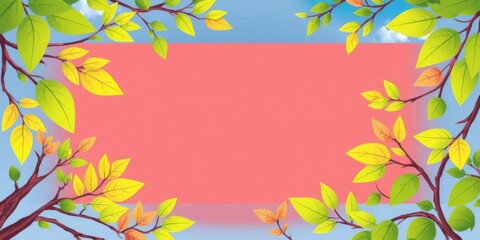 A vibrant illustration of leafy branches framing a clear blue sky perfect for nature themed projects and backgrounds greeting card with copy space in the middle, frame, leafy, branches