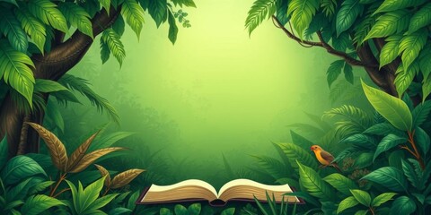 A vibrant jungle illustration with a blank frame in the center, surrounded by rich green foliage, background, exotic, wild
