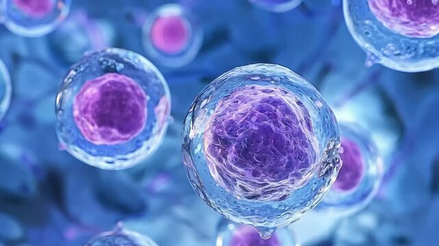 Cellular wonder: microscopic visualization of stem cells reveals their unique properties, potential for regeneration, repair within biological systems, emphasizing critical role in medical research.