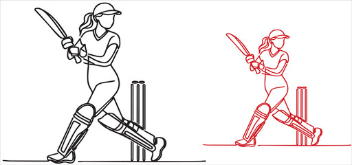 line art woman posing cricket playing style vector 
