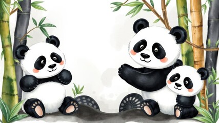 A whimsical watercolor painting featuring a group of adorable pandas surrounding an empty copy space in the center, wildlife, peaceful, wild