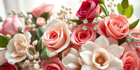 A white background adorned with various flowers and leaves, with a ring at the center surrounded by more flowers, jewelry, celebration, romantic