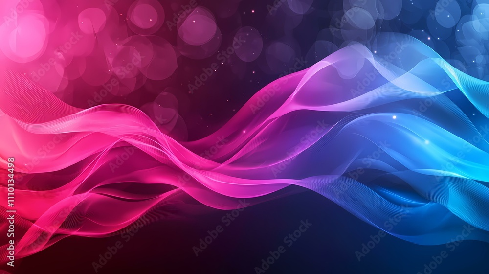 Poster the image contains abstract pink and blue wavy lines on a dark background with bokeh effects.