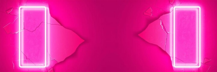 Abstract background with neon pink light glowing in the center of a shattered black frame, concept, pink, modern
