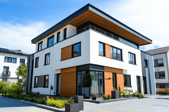 home design with a modern and minimalist shape, white and brown in color equipped with a flower garden outside, the concept of an elegant and luxurious home.