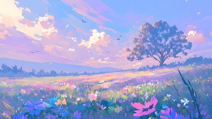 Vibrant meadow, blooming flowers under pastel sky, lofi anime landscape
