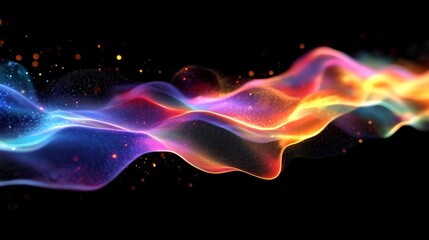 Obraz premium A radiant wave of particles with holographic colors creating an abstract energy flow on a minimalistic black background 