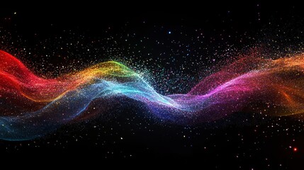 Obraz premium A radiant wave of particles with holographic colors creating an abstract energy flow on a minimalistic black background 