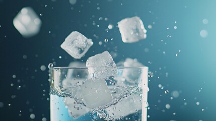Close-Up of Ice Cubes Falling into a Crystal Clear Beverage - Dynamic Scene in Refreshing Indoor Setting