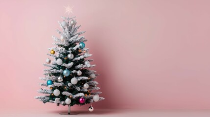 Festive Christmas Tree with Colorful Ornaments and Star on Pink Background, Perfect for Holiday Celebrations and Seasonal Decor