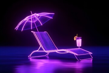 A futuristic neon wireframe beach chair with a cocktail and umbrella set against a dark background.