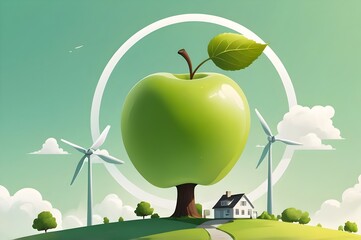 A green apple with a leaf contains eco-themed elements like buildings, trees, windmills, and a bicycle. Set against a light green background with clouds, it symbolizes sustainability and harmony.
