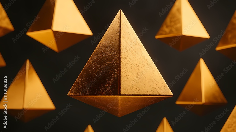 Poster the image contains multiple golden pyramids of varying sizes, arranged against a dark background. th