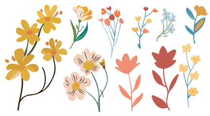 Collection of spring colorful bouquet flower elements vector. Set Botanical floral of wild flower, leaf branch, foliage on white background.