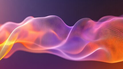 A soft holographic particle wave in gradient colors shifting from purple to orange, forming abstract, flowing patterns
