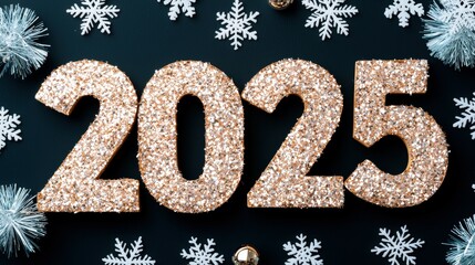 Festive Celebration of New Year 2025 with Glittering Numbers Surrounded by Snowflakes and Decorative Elements