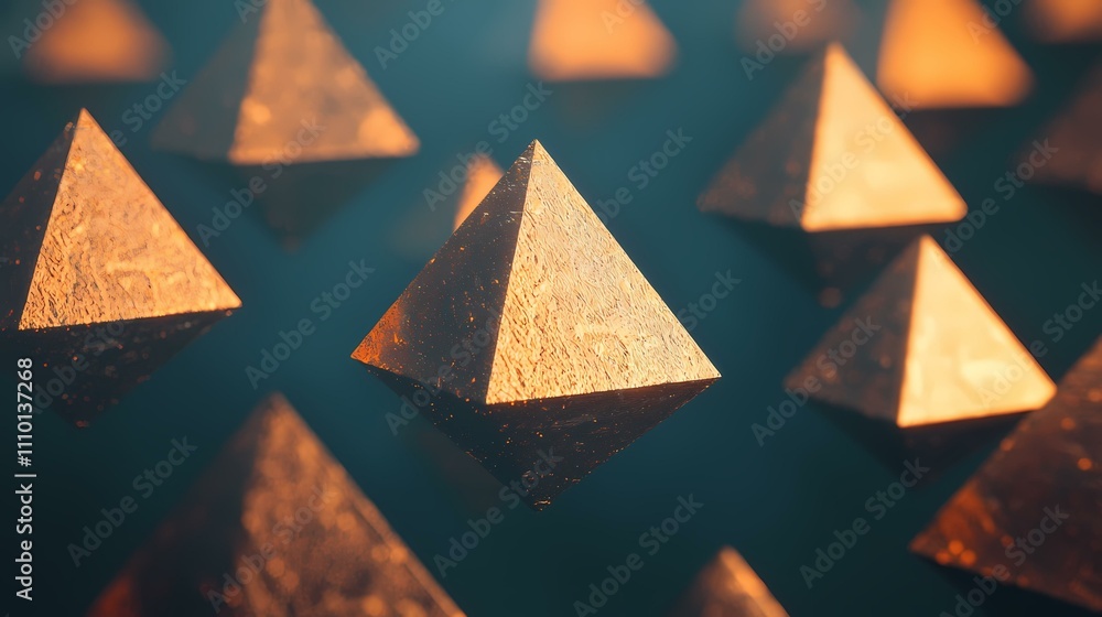 Poster the image contains numerous golden, pyramid-shaped objects scattered across a dark teal background, 