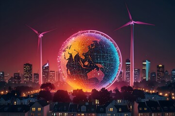 A serene cityscape featuring a large globe surrounded by windmills, solar panels, plants, and people. The light blue to pink gradient background evokes peace, energy, and sustainability.