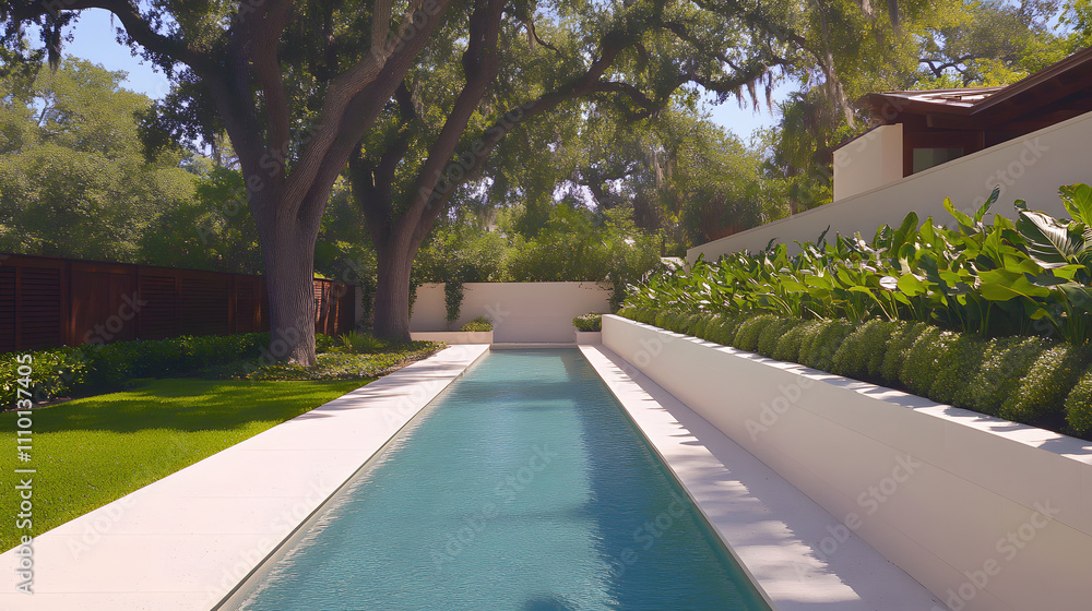 Poster a serene landscape featuring a narrow pool flanked by lush greenery and trees, creating a tranquil a