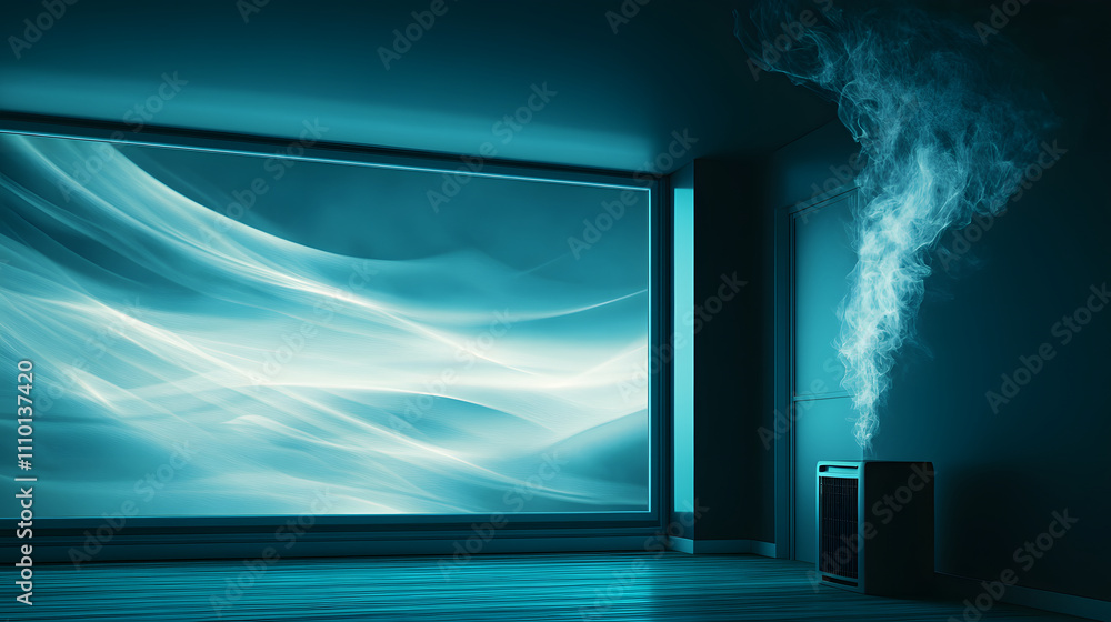 Poster a serene, futuristic room with a large window displaying flowing blue waves and smoke, creating a ca