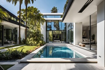 Fototapeta premium Modern Luxurious Home with Pool, Perfect for Evening Relaxation
