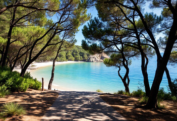  Landscape beach background. There is a path amongst the trees that leads to an amazing beach with impressive turquoise waters, white fine sand, in  a Mediterranean environment