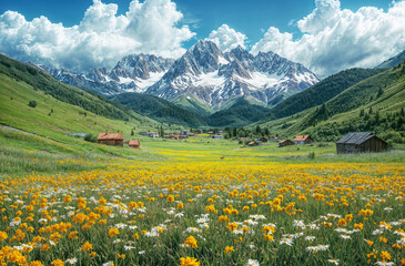  Scenery of a yellow flower field under a snowy mountain