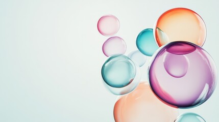 Obraz premium A dynamic visual of various-sized, colorful abstract bubbles rising and merging into a single, harmonious formation on a light background