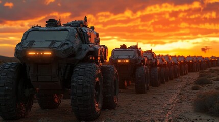 Futuristic Robotic Squad Formed Under Sunset Sky