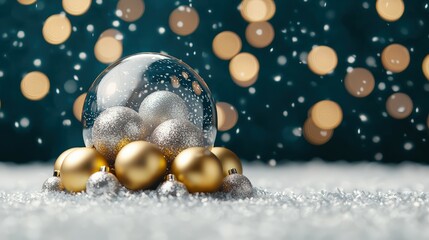 Sparkling Snow Globe with Golden and Silver Ornaments on Snowy Surface at Festive Holiday Background