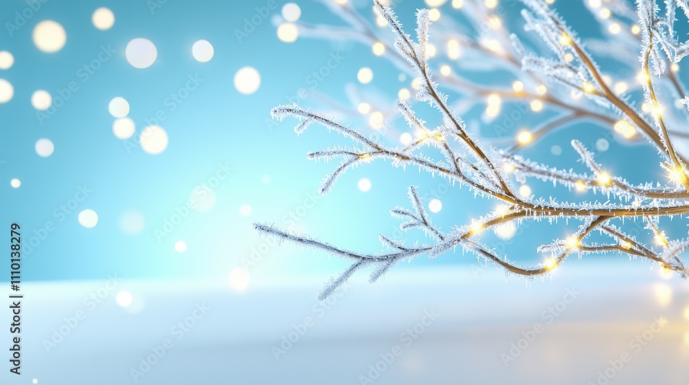Poster a delicate winter branch adorned with sparkling lights against a soft blue background, creating a se