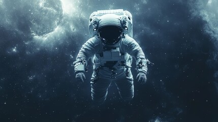 Fototapeta premium Abstract astronaut, thin outline, floating through dark space 
