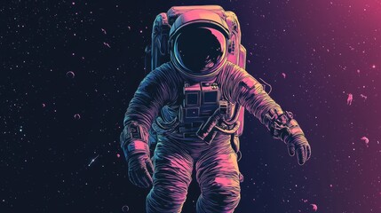 Abstract astronaut, thin outline, floating through dark space 