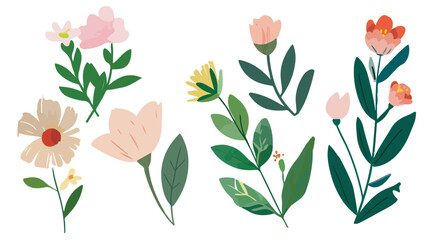 Collection of spring colorful bouquet flower elements vector. Set Botanical floral of wild flower, leaf branch, foliage on white background.