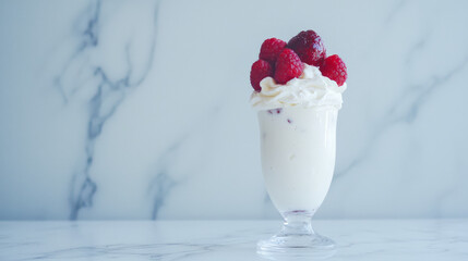 Creamy yogurt parfait topped with fresh raspberries on marble