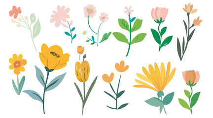 Collection of spring colorful bouquet flower elements vector. Set Botanical floral of wild flower, leaf branch, foliage on white background.