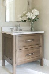A modern bathroom vanity with a sink, drawers, and a vase of flowers.