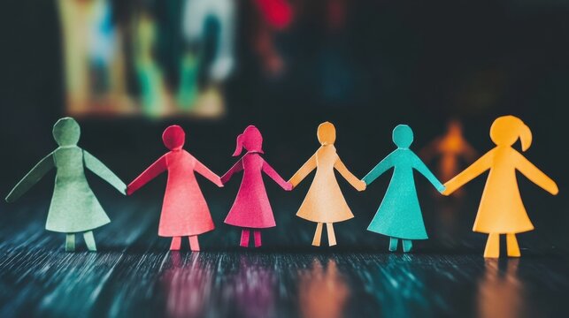 A group of diverse paper dolls holding hands, representing unity and diversity, minimalistic photography style