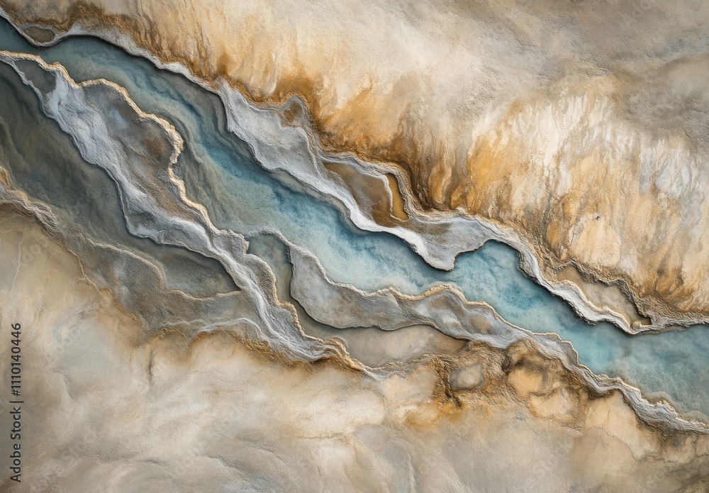 Poster abstract aerial view of winding river with rich earth tones and flowing patterns emphasizing nature'