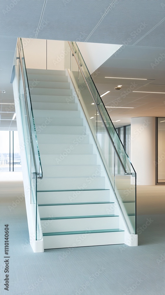 Poster a modern staircase with glass railings in an office space, emphasizing design and functionality.