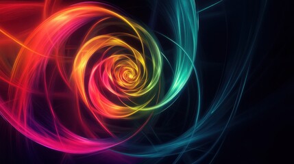 Obraz premium A harmonious scene of multi-colored abstract spirals radiating from a central point, forming a unified, glowing pattern on a dark surface