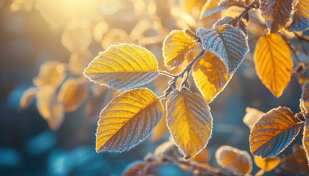 Frosty autumn leaves in the sunlight. AI.