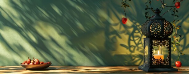 Illuminated Lantern with Dates on Wooden Table - Ramadan Illustration