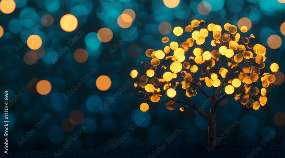 Aufkleber a glowing tree with golden leaves stands against a backdrop of shimmering blue bokeh lights, creatin