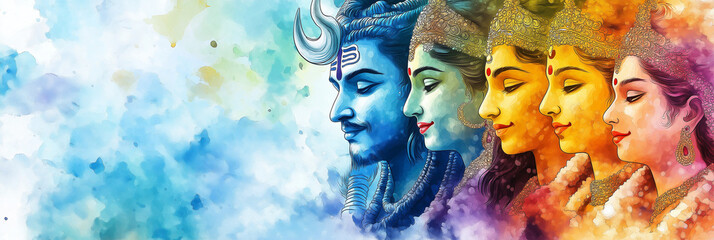 Hindu religion, Lord Shiva, known as Mahadev Shankar, often honor flower decoration, while Lord Vishnu revere for his divine presence, digital watercolor, soft monotone, panorama, copyspace, banner.