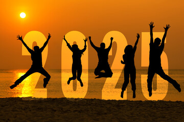 Silhouette happy business teamwork jumping congratulation and celebrate in Happy New year 2025 for change new life future concept. Freedom lifestyle group people team jump part of Number 2025 success