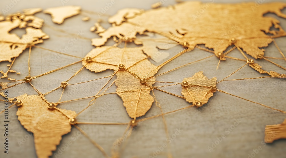 Poster a detailed map of the world featuring golden continents and interconnected lines, emphasizing global